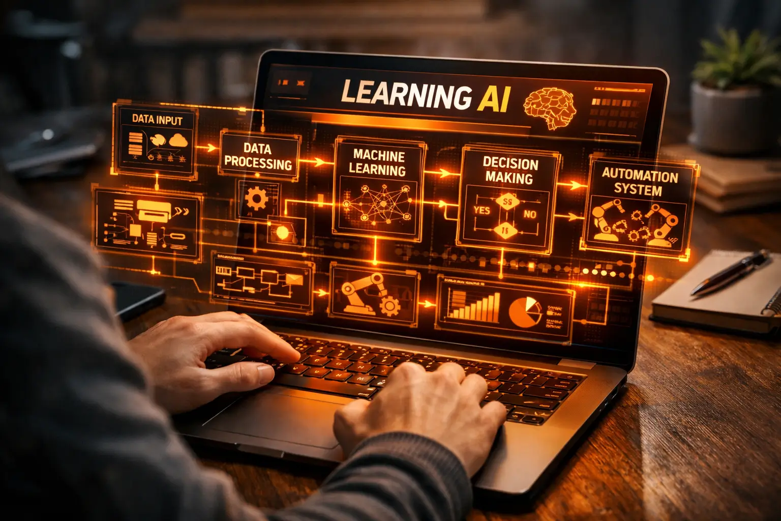 person learning AI on laptop with futuristic holographic interface showing automation workflows