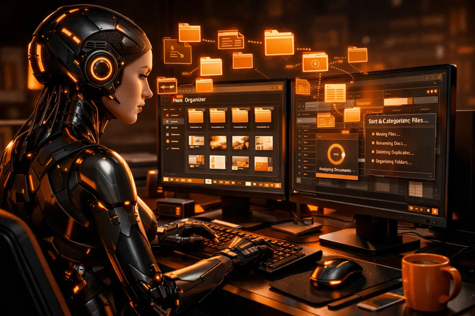 AI assistant working on a computer desktop organising files and documents autonomously