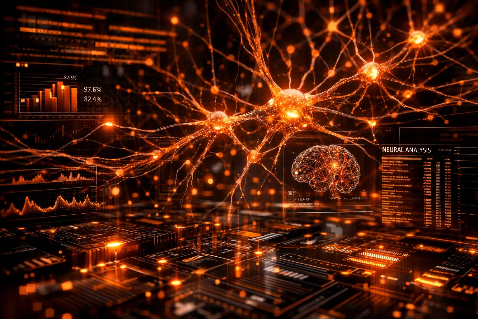 abstract neural network visualization with scientific data and futuristic computing elements