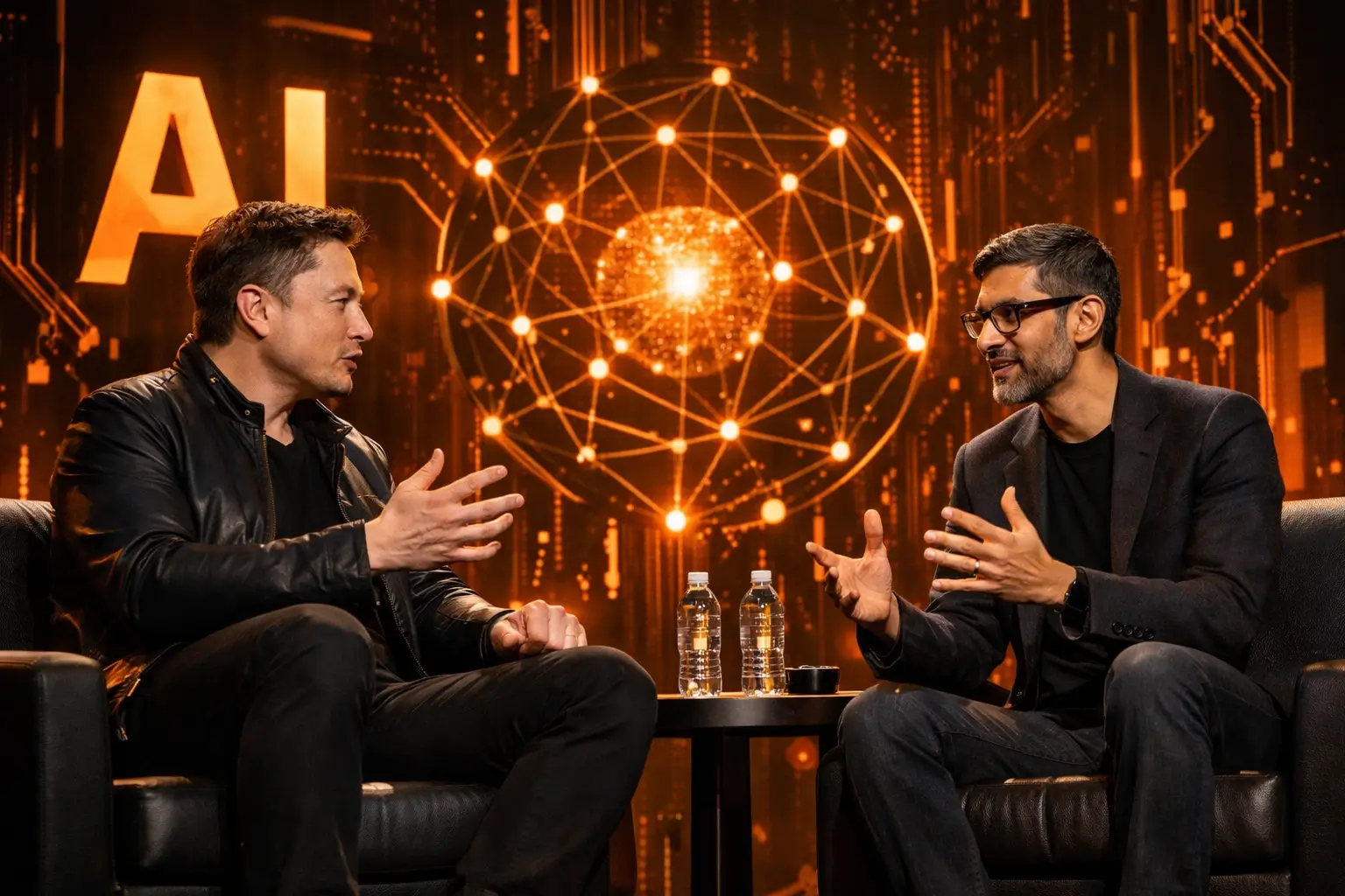 futuristic conversation between two tech leaders on stage with AI themed lighting