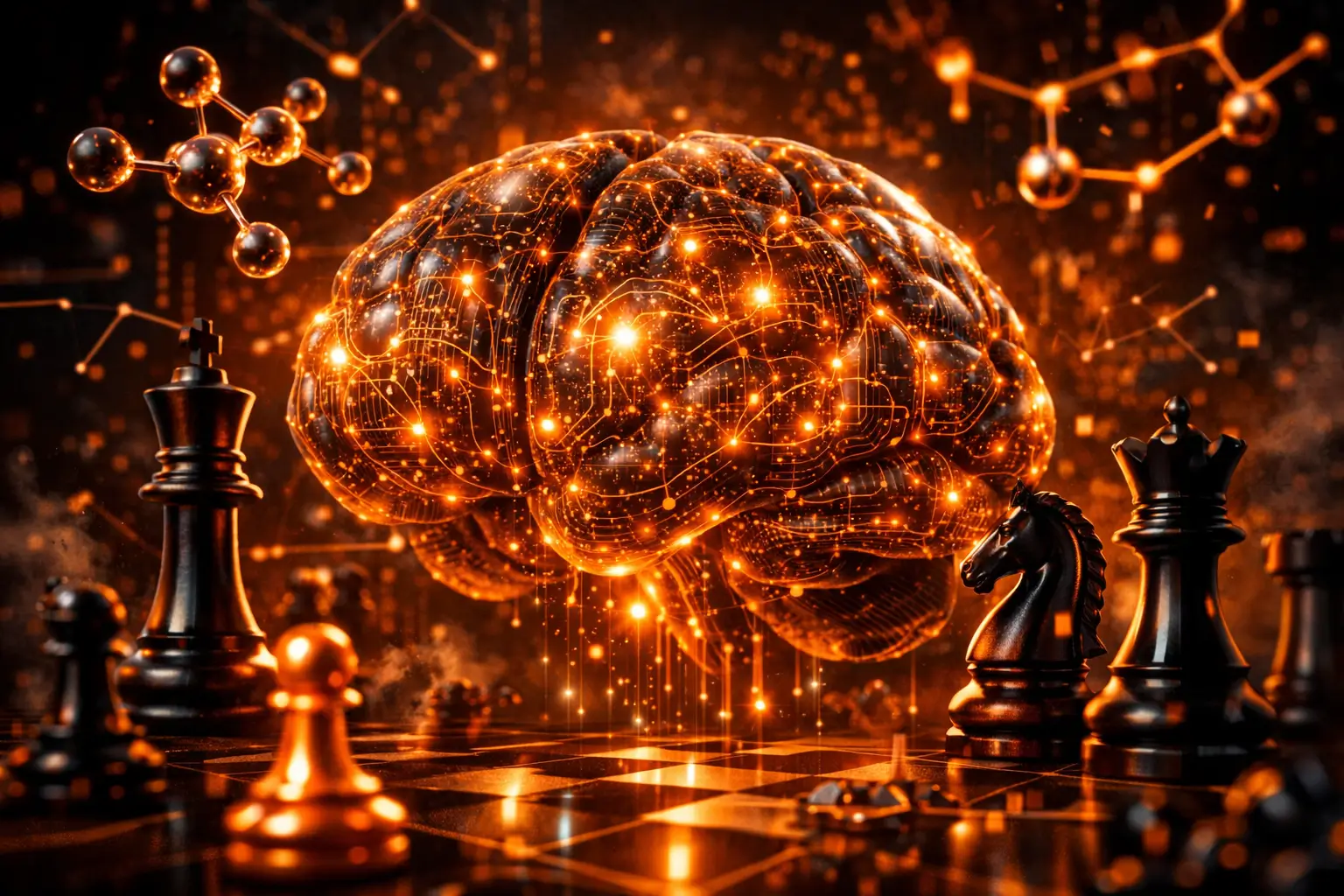 futuristic AI brain neural network with scientific molecules and chess pieces abstract visualization