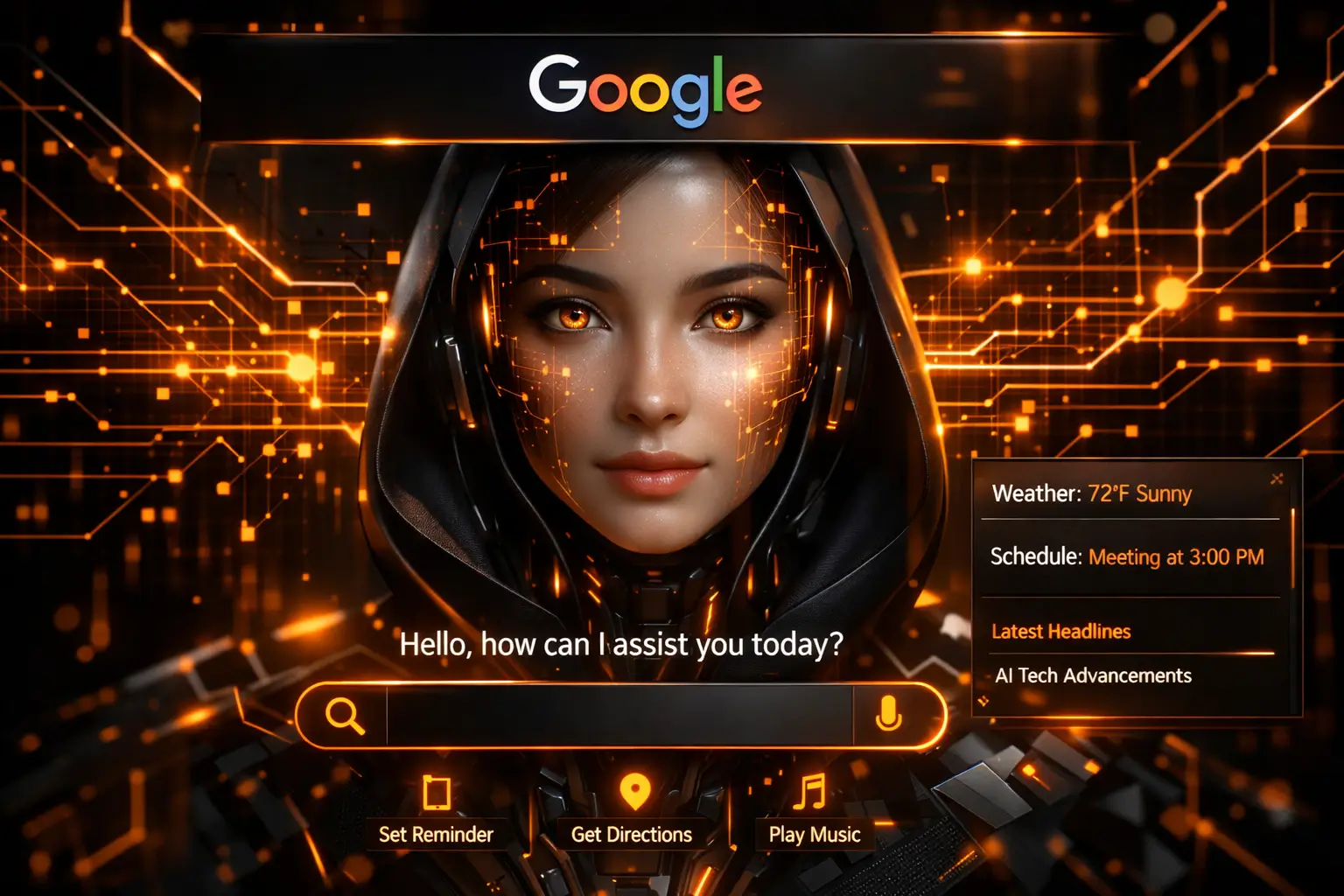 futuristic AI assistant interface with Google branding and digital neural network