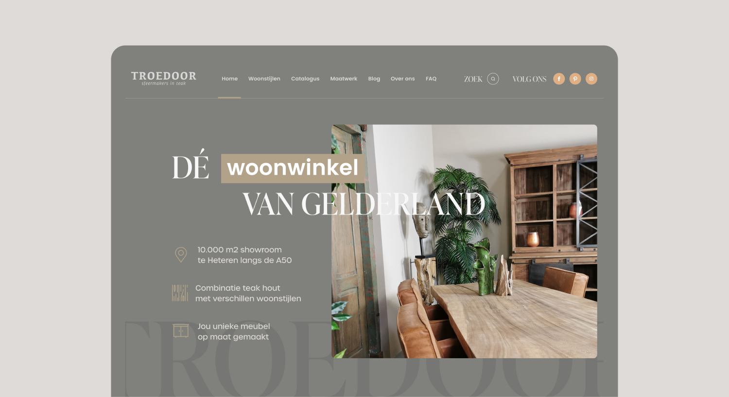 Troedoor, homepage met de kop De woonwinkel van Gelderland