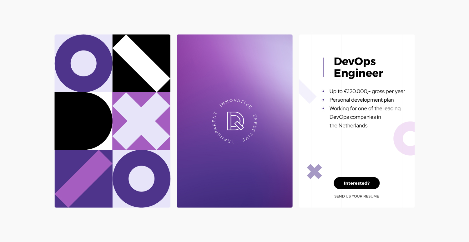 DIQQ, beeldmerk en vacatureposter voor een DevOps Engineer in paars