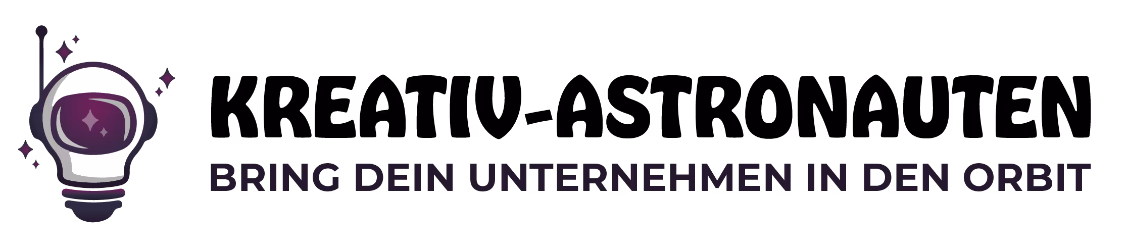 Footer-Logo mit Astronauten-Glühbirne und Claim 'Bring dein Unternehmen in den Orbit' – Kreativ-Astronauten Solingen