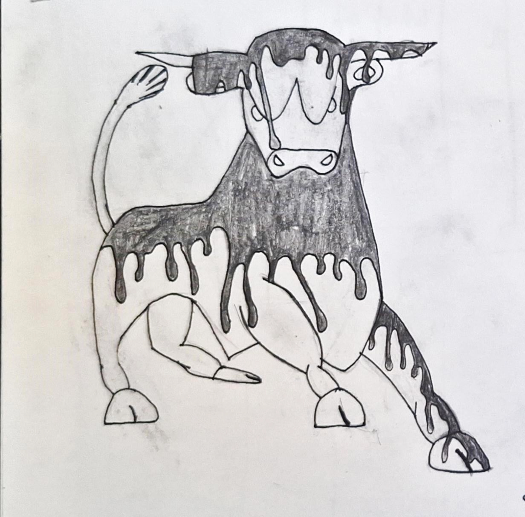 Sketch of bull covered in ink.