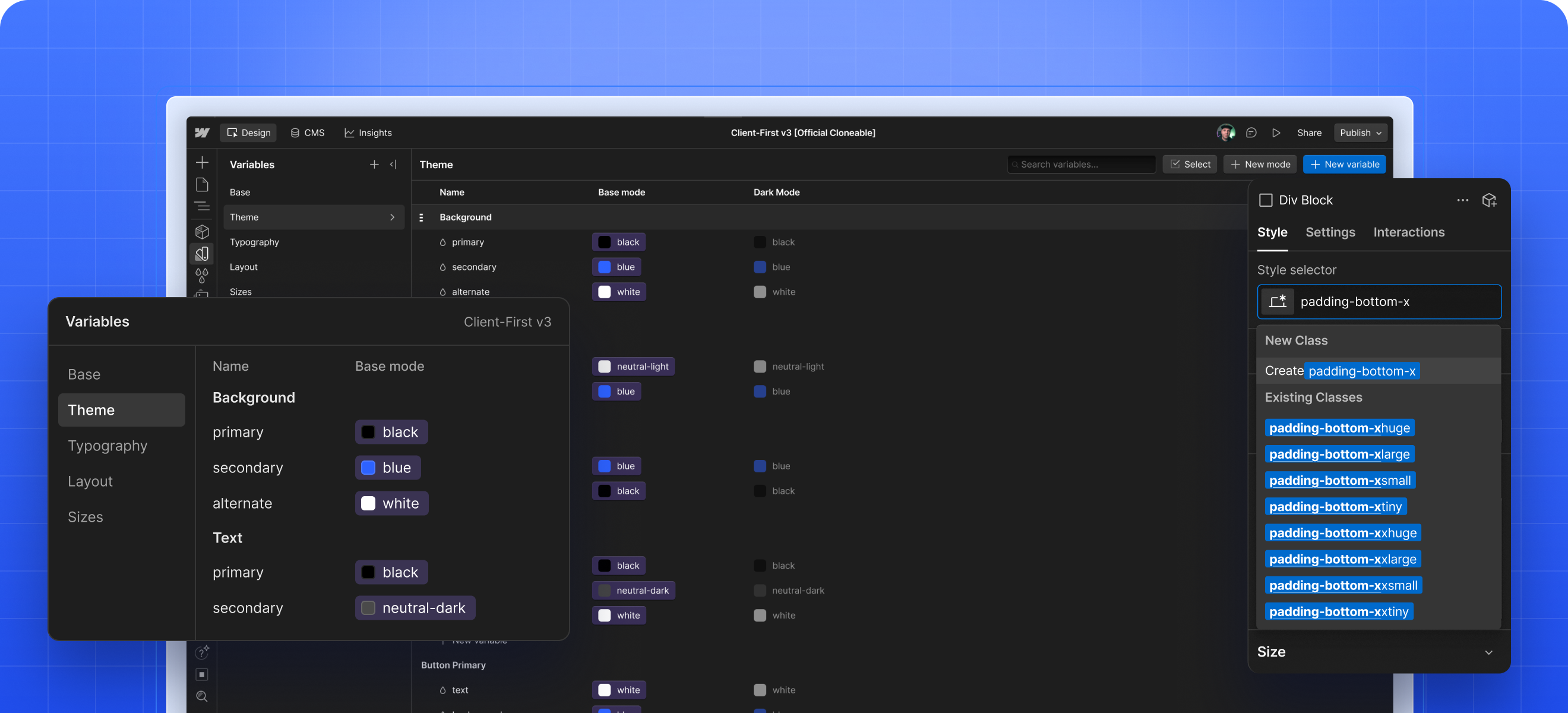 Client-First v3 variables and spacing classes in the Webflow Designer