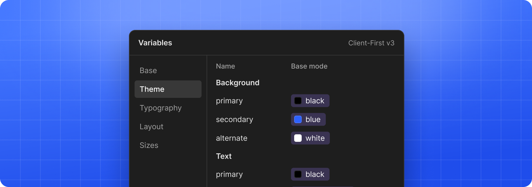 Variables panel with Base, Theme, Typography, Layout and Sizes collections