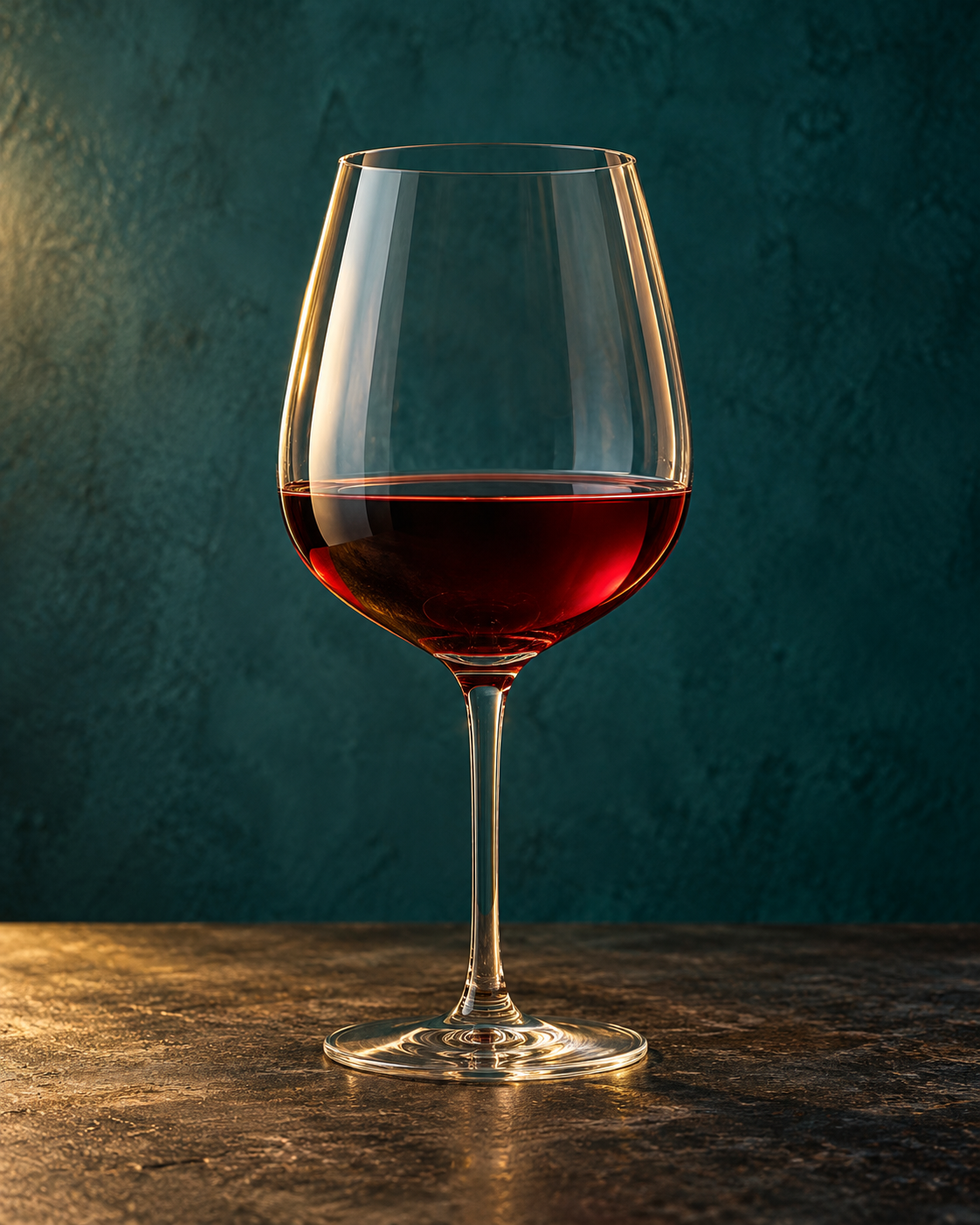 A glass of red wine set down on a table in ’mina's dining room
