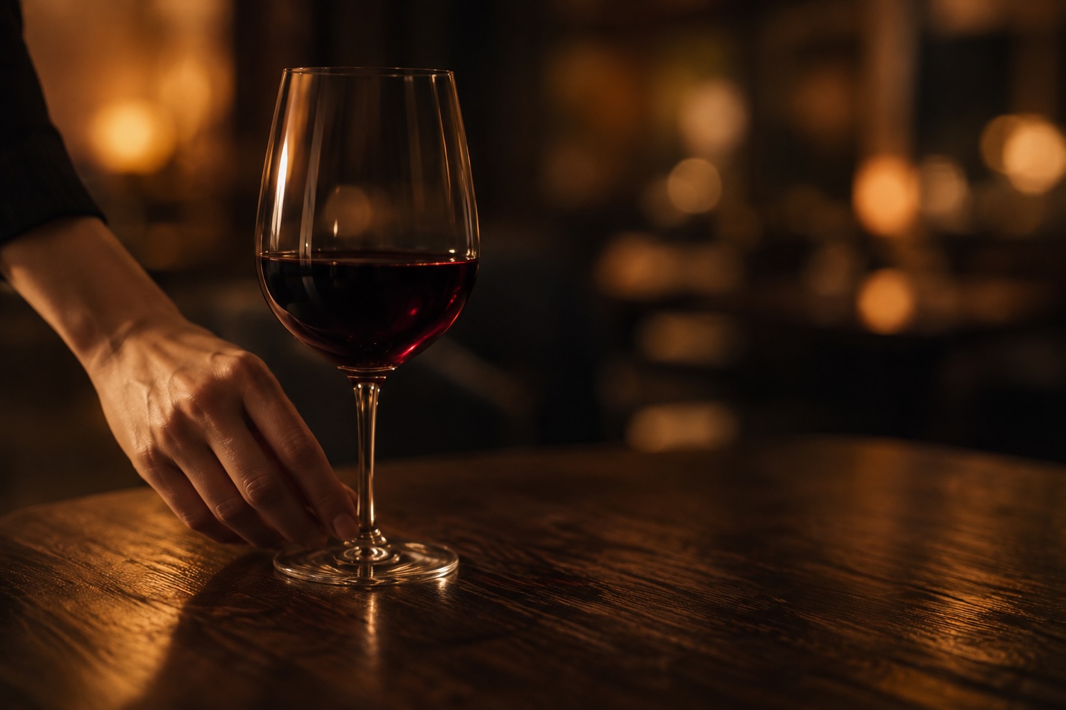 A glass of red wine on a table at 'mina, poured after a short conversation with the sommelier.