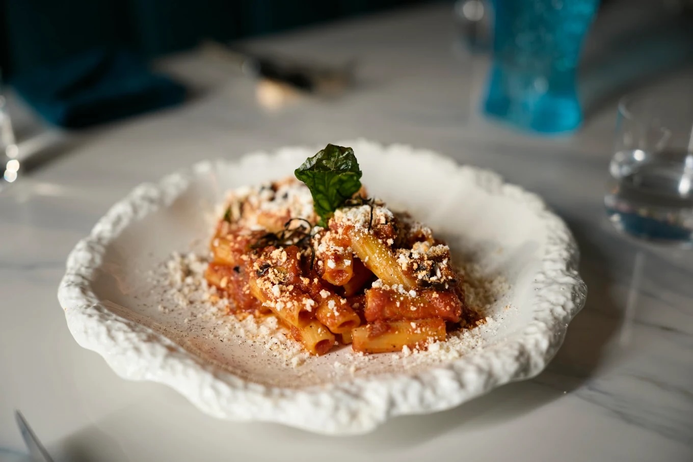 Pasta alla Norma at 'mina: fried eggplant, tomato, basil, and grated ricotta salata.