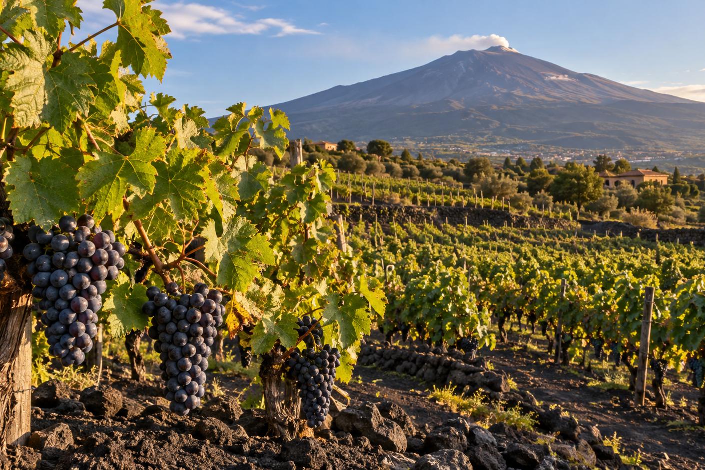 Vineyard on the slopes of Mount Etna at sunset, with dark grapes on old vines and the volcano smoking in the distance.