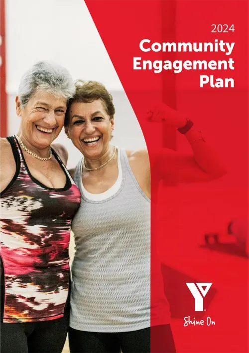 Cover of 2024 Community Engagement Plan with image of two elderly women flexing biceps and smiling at camera.