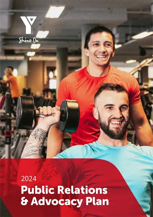 Cover of 2024 YMCA Public Relations & Advocacy Plan with two men lifting weights and smiling.