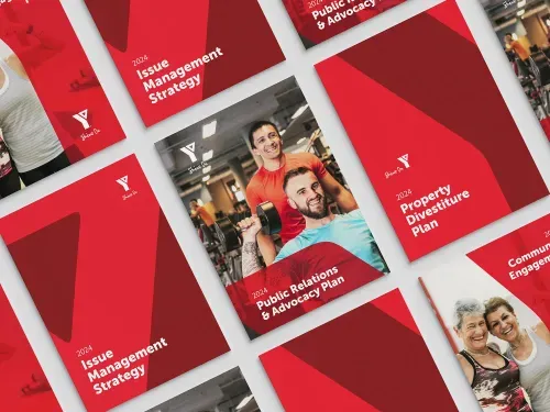 Collage of YMCA ShineOn branded plan covers reading Public Relations & Advocacy Plan and Property Divestiture plan