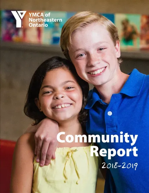 Cover of YMCA of Northeastern Ontario Community Report 2018-2019 with two young children smiling at camera.