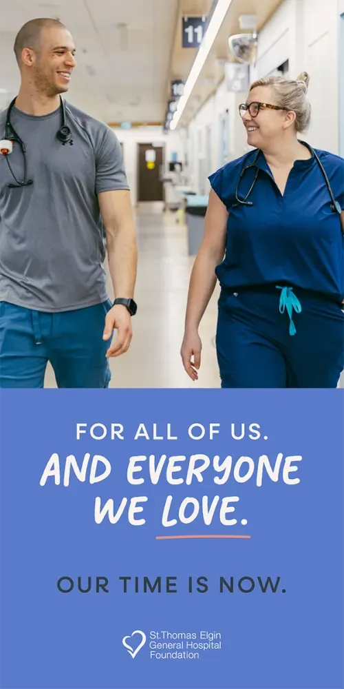 Portrait-sized digital ad with two smiling healthcare workers. Text reads 'For all of us. And everyone we love'