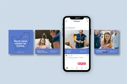 Instagram ads for Transforming Tomorrow campaign mocked up on iPhone