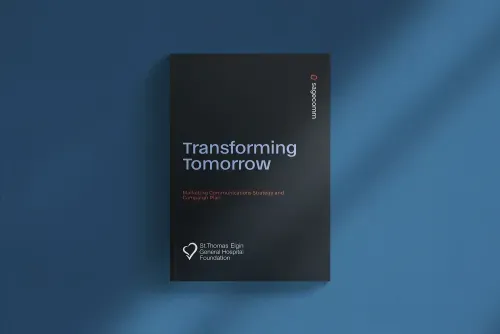 Printed cover of Transforming Tomorrow marketing communications strategy campaign plan.