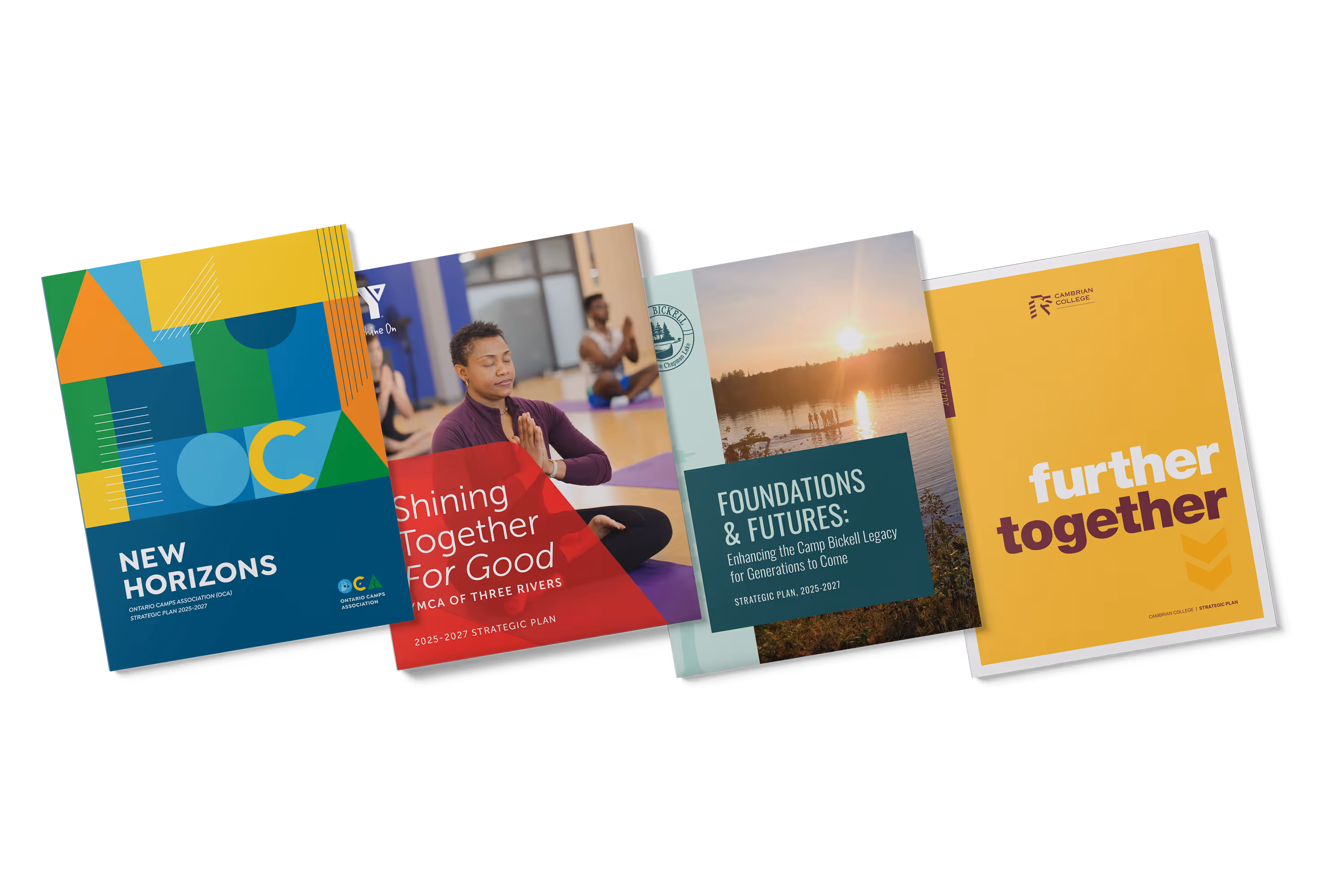Strategic plan report covers for the Ontario Camps Association, YMCA of Three Rivers, Camp Bickell, and Cambrian College