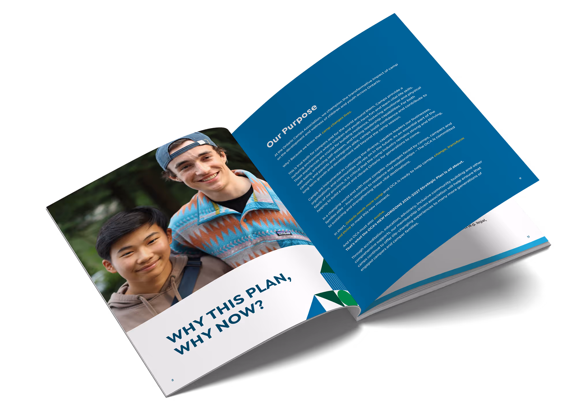 Printed copy of Ontario Camps Association strategic plan laying open to display two interior pages
