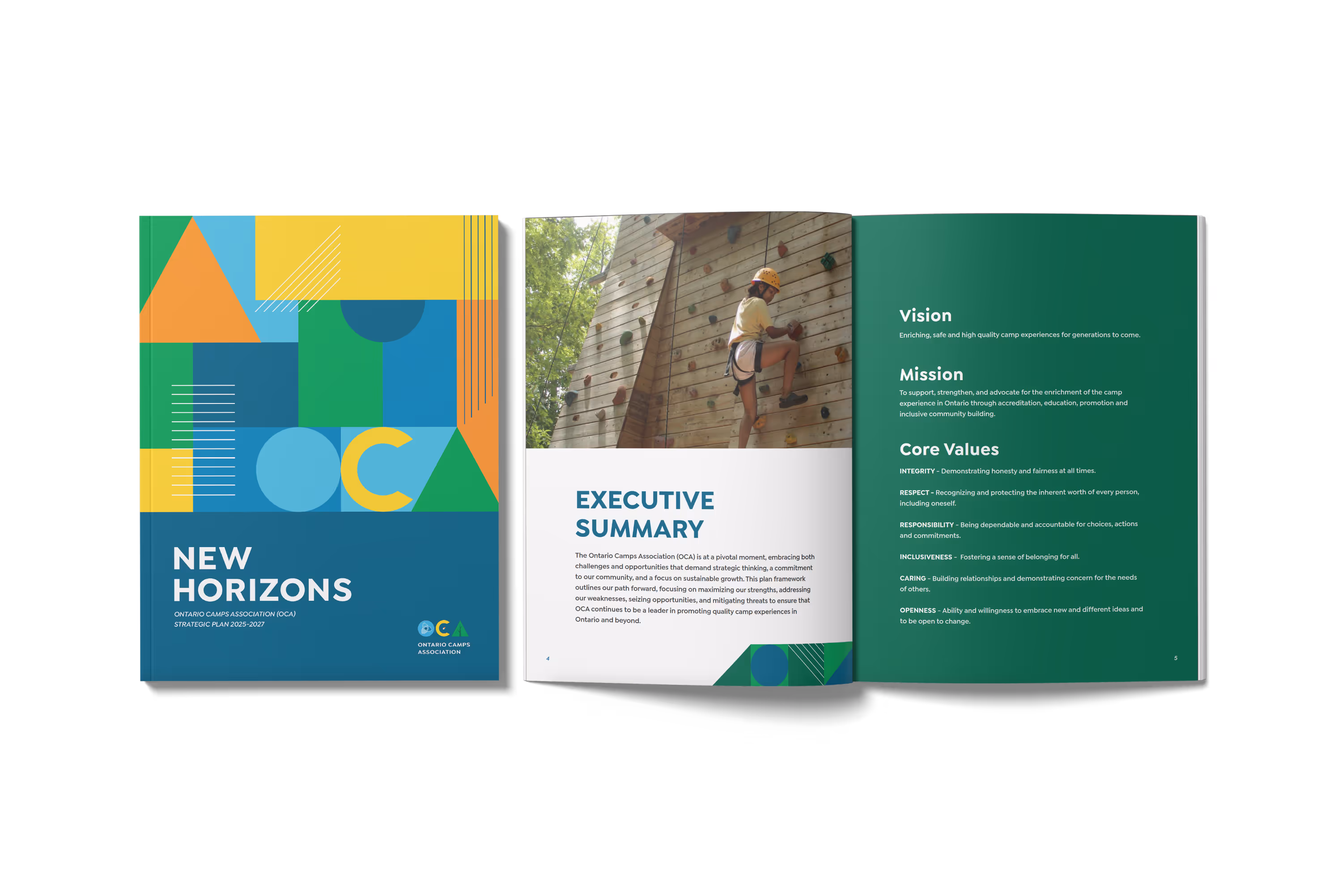 Ontario Camps Association strategic plan document cover page, executive summary, and mission, vision, and values statements.