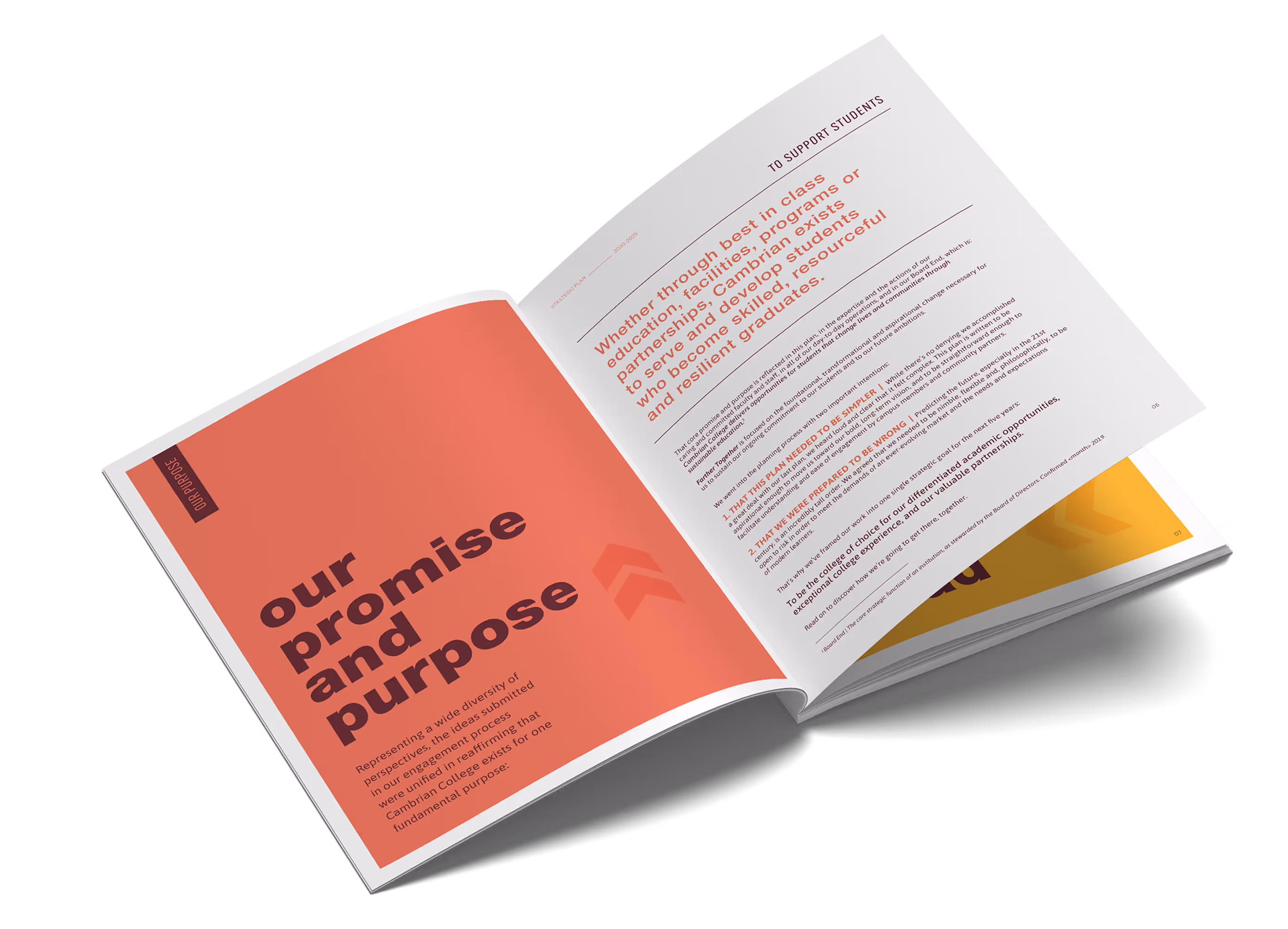 Cambrian College strategic plan printed report laying open, flipped to showcase two interior pages