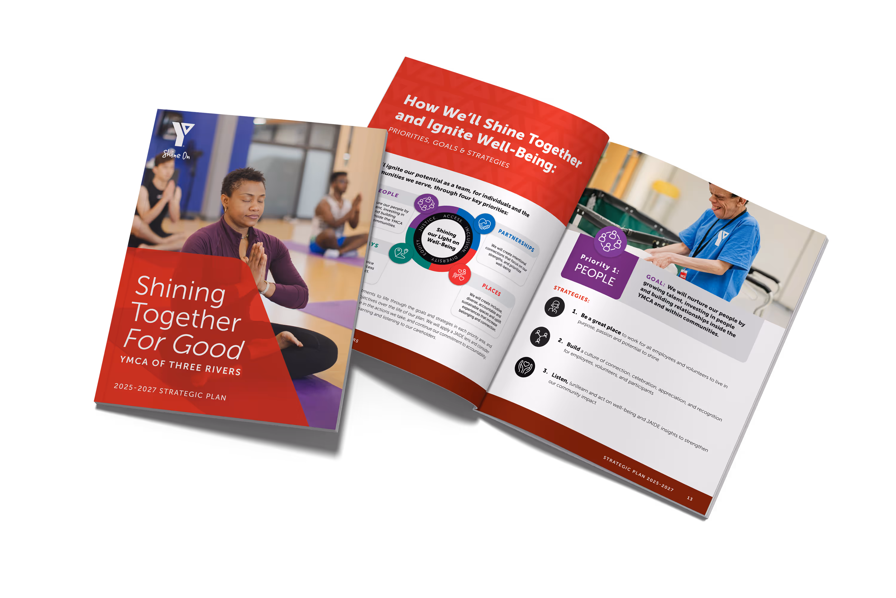 Printed copy of YMCA of Three Rivers Strategic Plan flipped open to display two interior pages, another copy of the report lies on top to showcase the cover.