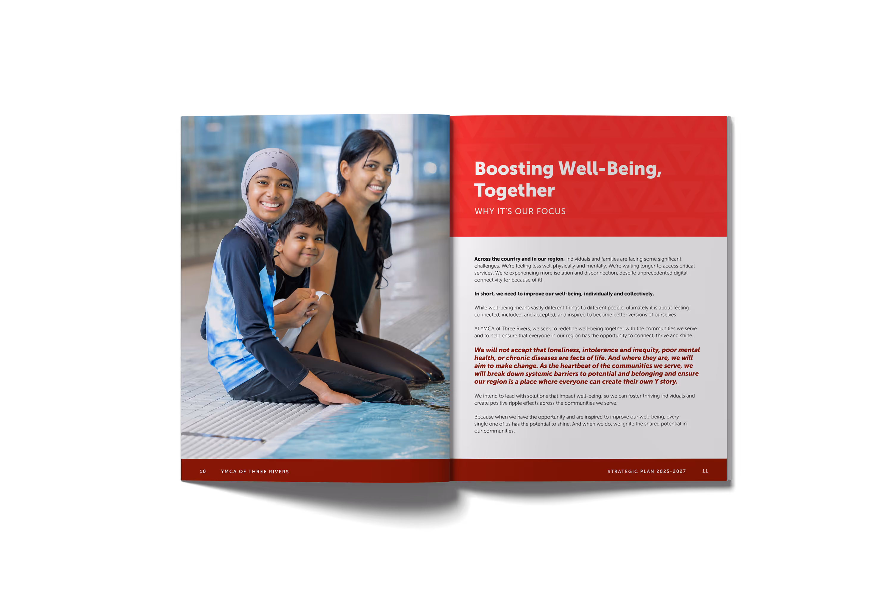 YMCA Three Rivers strategic plan document opened to showcase two interior pages.