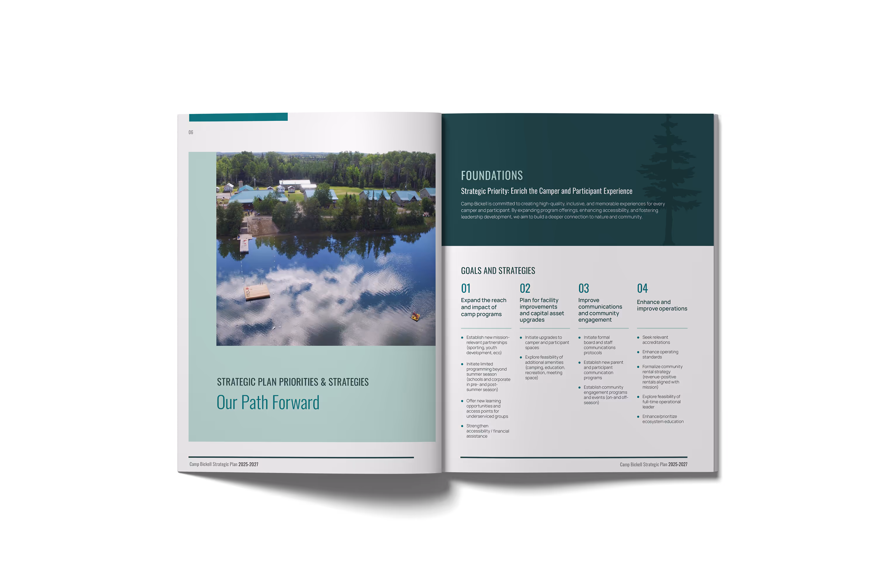 Camp Bickell strategic plan document open to display two interior pages.