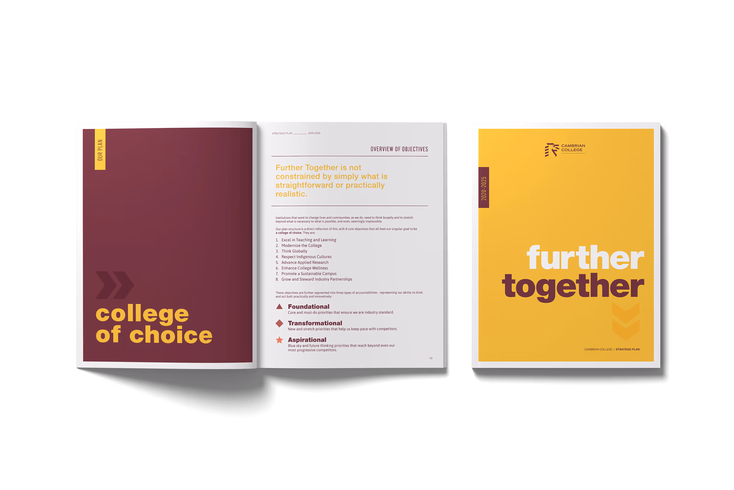 Cambrian college strategic plan printed and lying open to display pages. Another copy shows the report cover.
