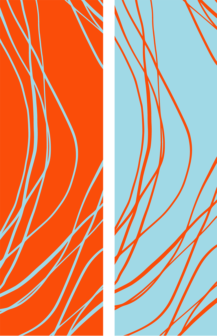 Orange and light blue panels with wavy lines, to represent art and creativity.