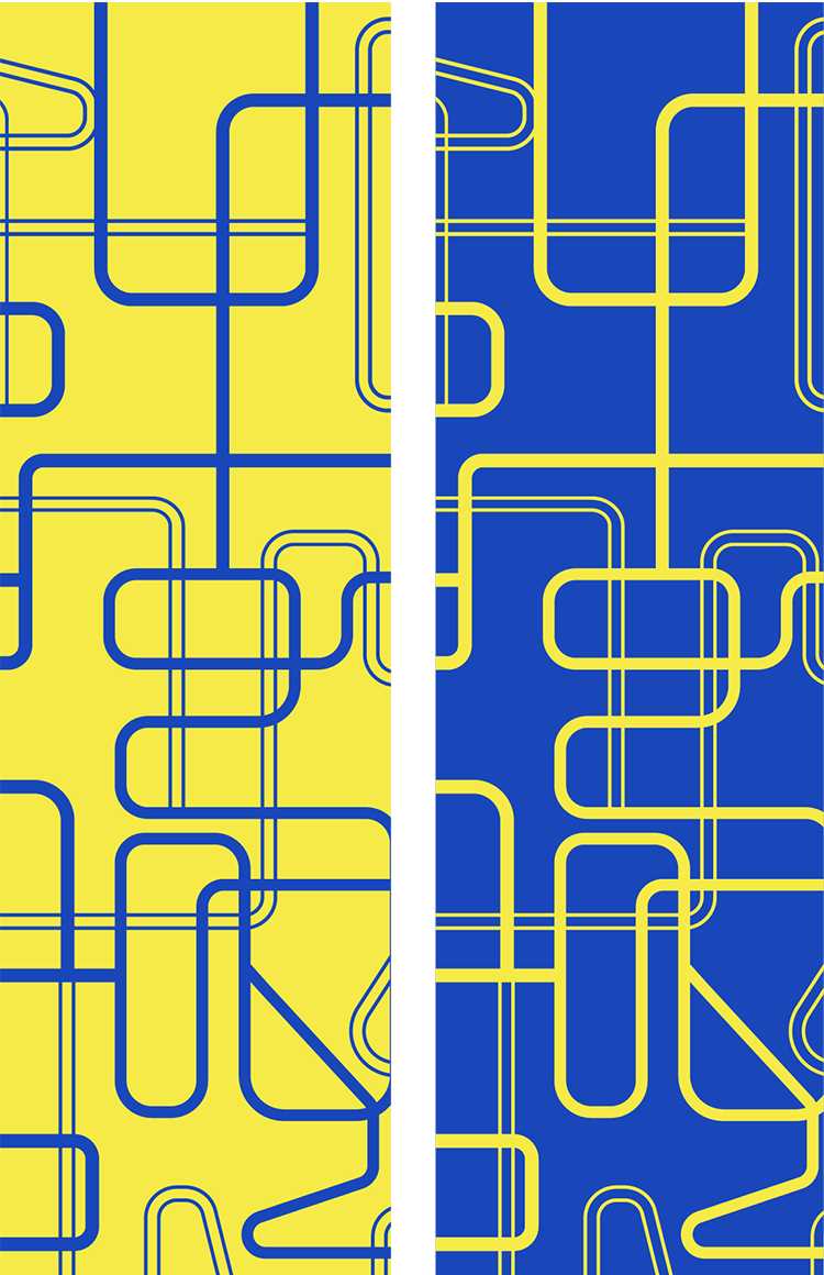 Blue and yellow panels with linear patterns on them, used to represent innovation and growth.