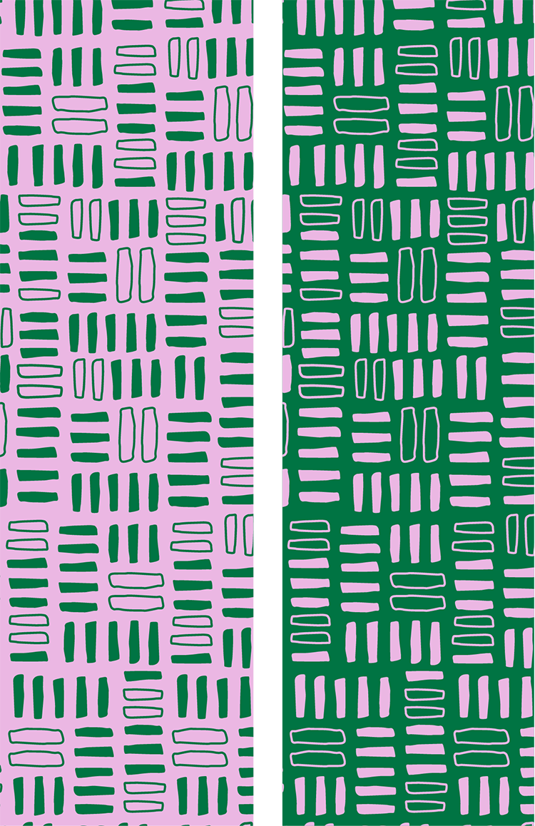 Green and pink panels decorated with rectangular graphic elements, used to represent community and culture