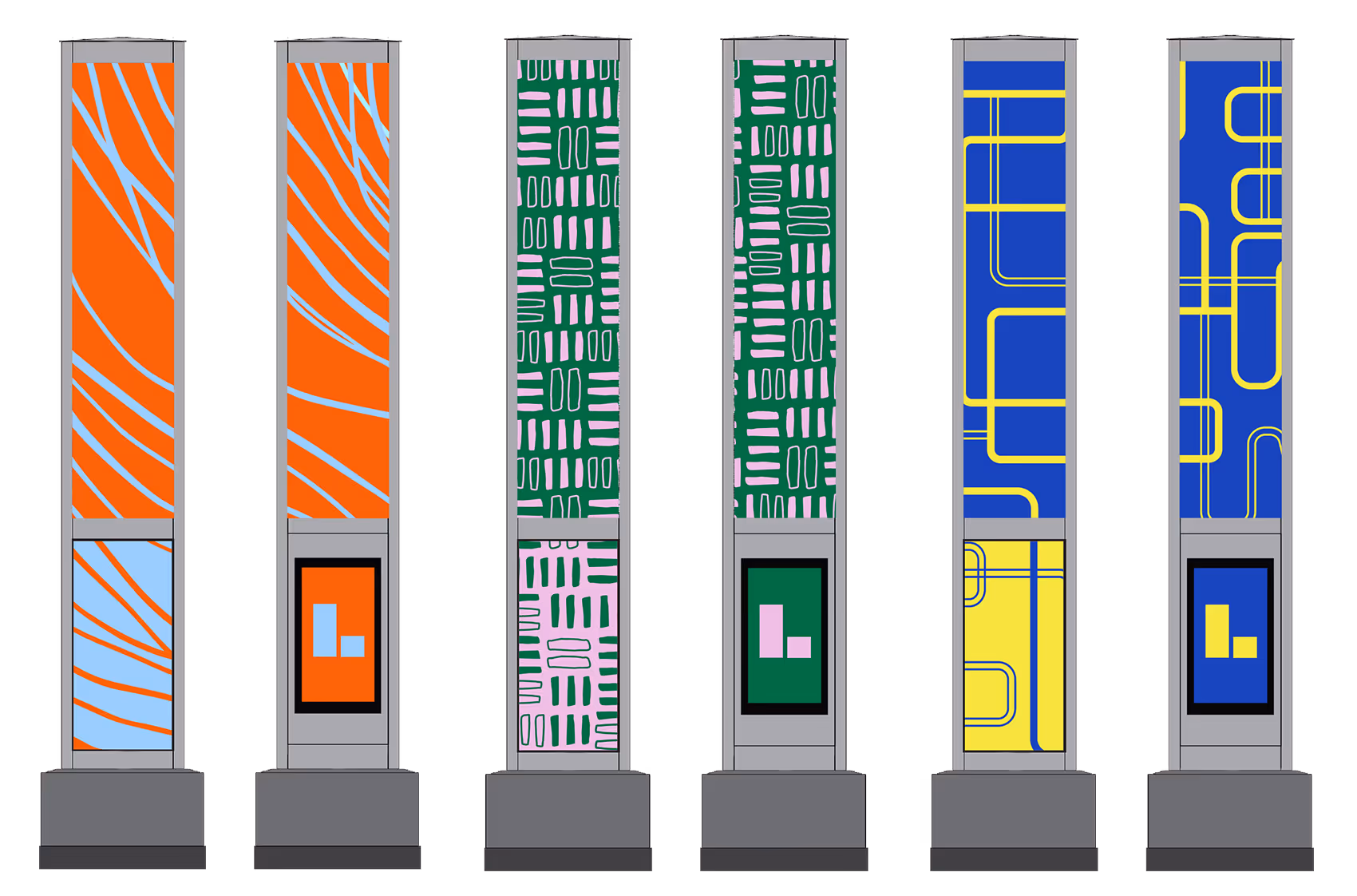 Mockup of six wayfinding posts decorated with various colourful patterned designs.