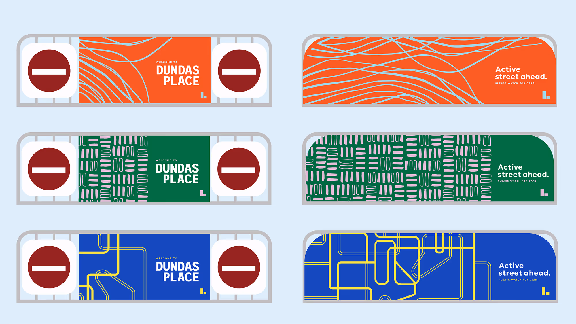 Six mockups of physical street barricades printed with colourful wayfinding patterns.