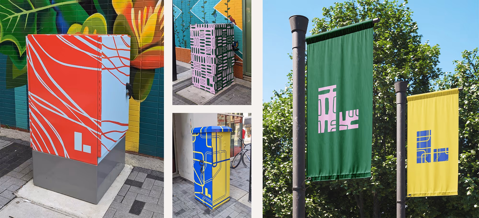 Three electrical boxes in downtown London Ontario printed with colourful wayfinding patterns. Two flagpoles with wayfinding patterned banners are pictured beside.