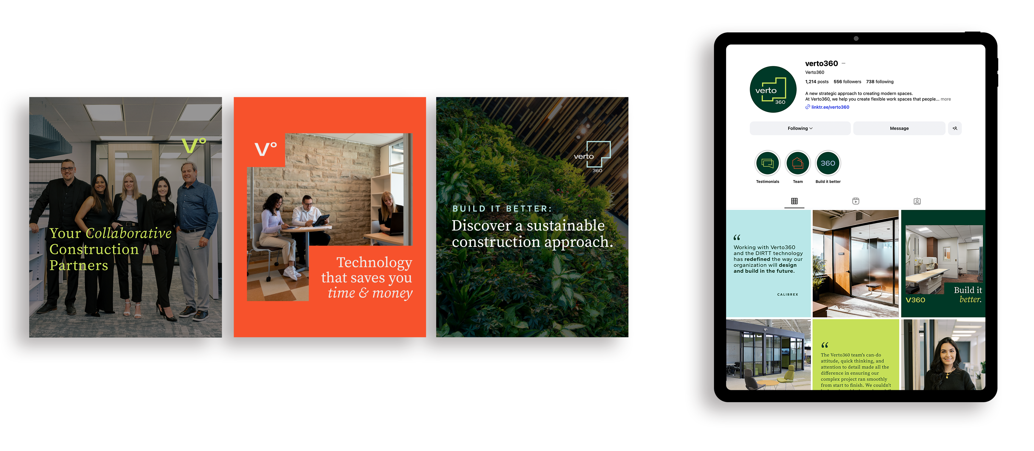 Four promotional cards and an iPad showing Verto360's construction and technology branding, team photos, and a social media profile.