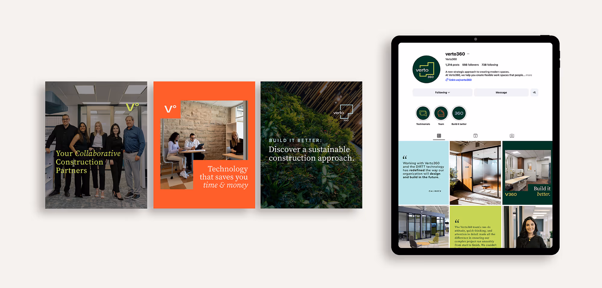 Four promotional cards and an iPad showing Verto360's construction and technology branding, team photos, and a social media profile.