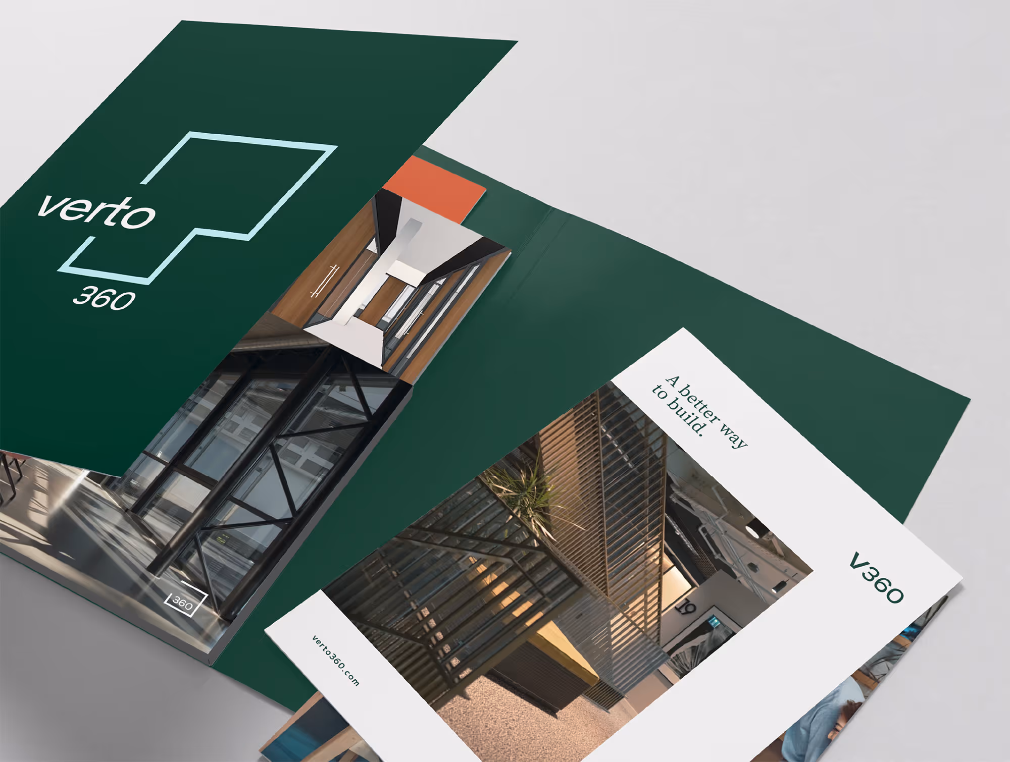 Open green folder with Verto360 logo and architectural brochure showing modern interior images and the text 'A better way to build.'