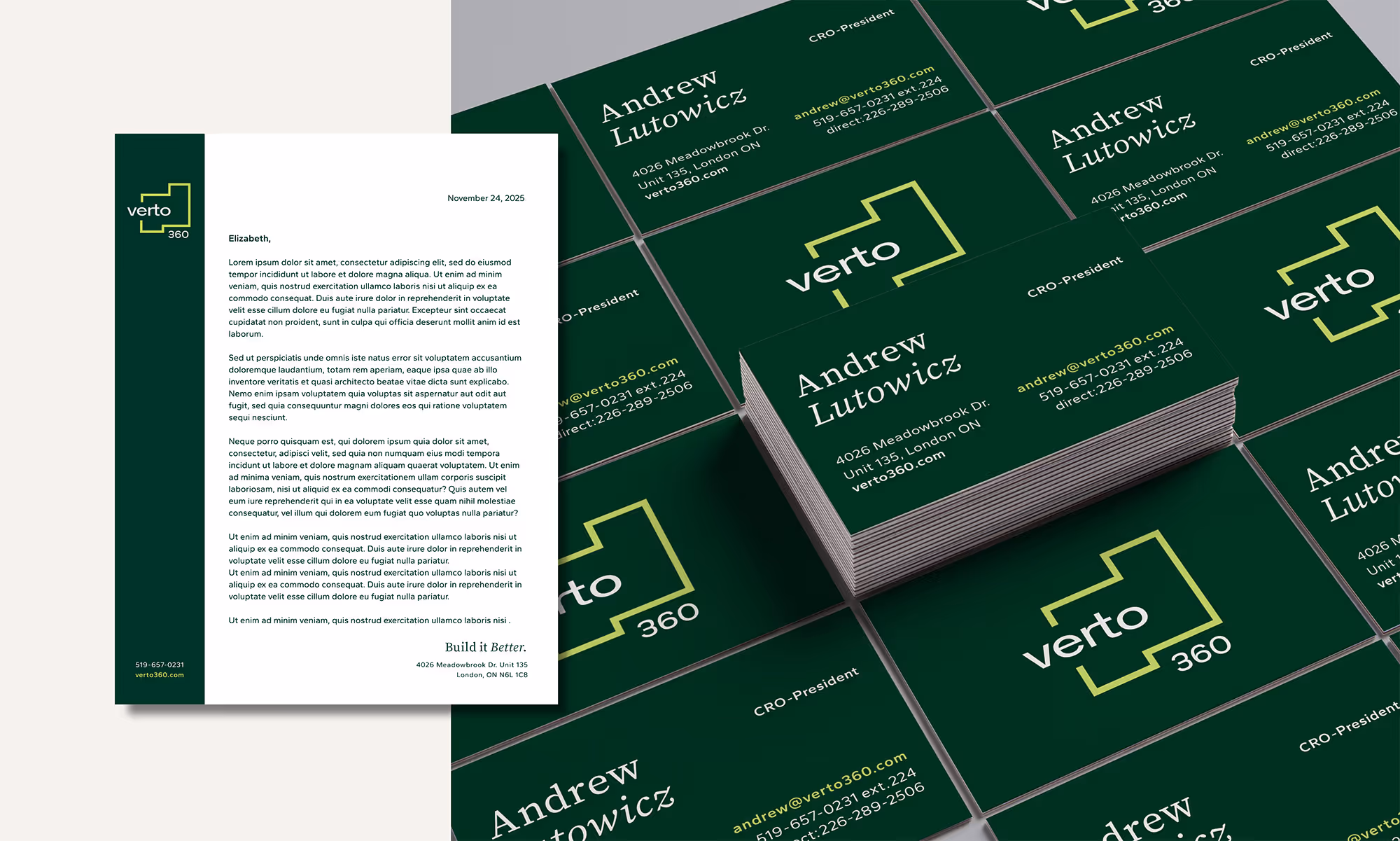 Stack of dark green business cards for Andrew Lutowicz, CRO-President at verto360, alongside a matching letterhead with a vertical green band and the verto360 logo.