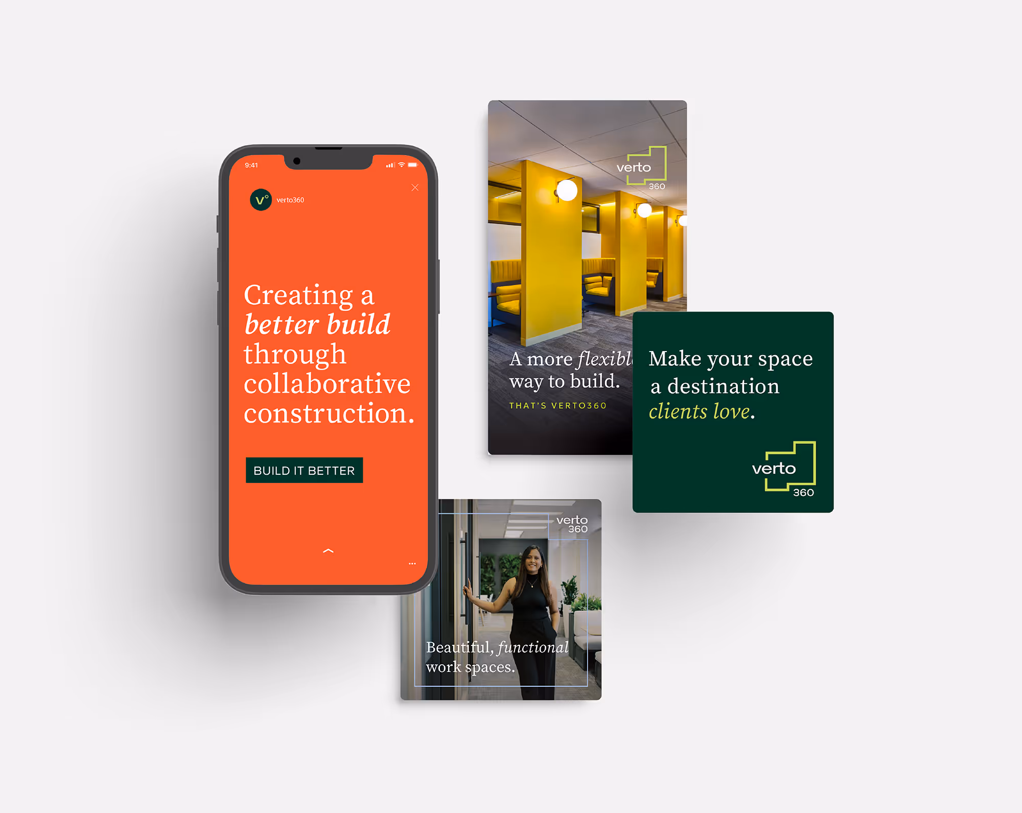 Smartphone screen with text 'Creating a better build through collaborative construction' and three overlapping cards showcasing modern office interiors and slogans about flexible, functional workspaces from Verto360.