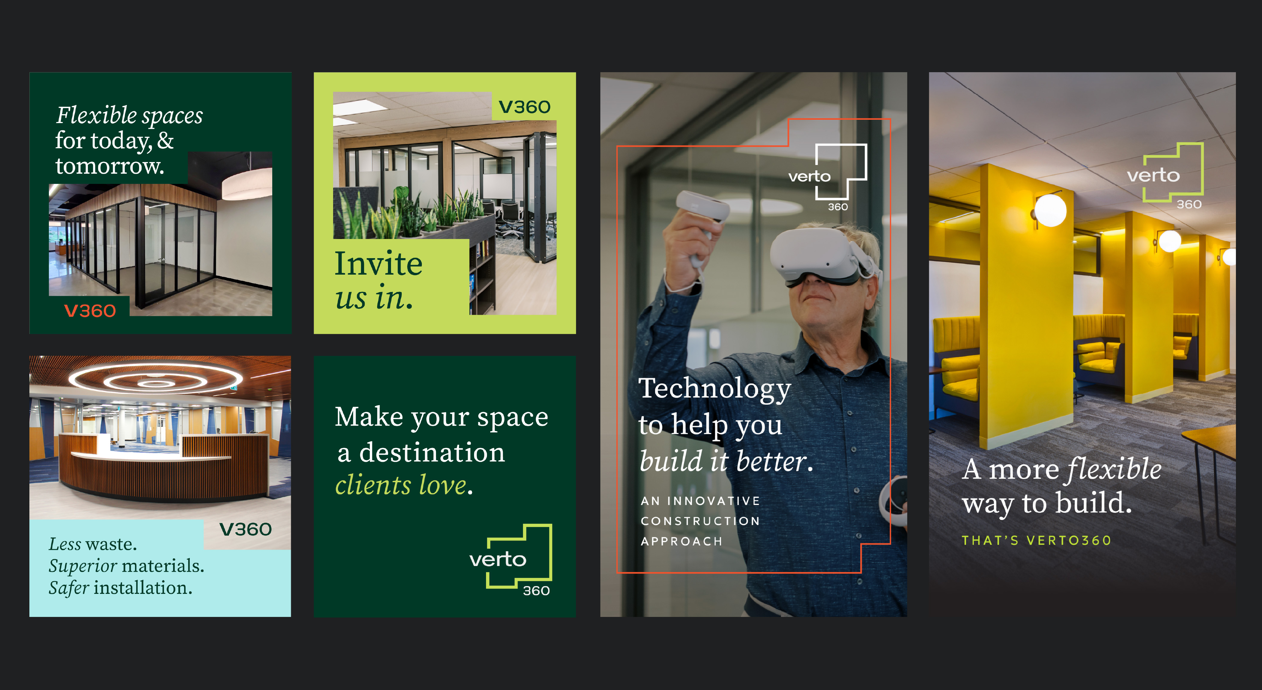 Collage of office interiors and promotional text highlighting flexible spaces, technology in construction, and client-focused workplace design for Verto360.