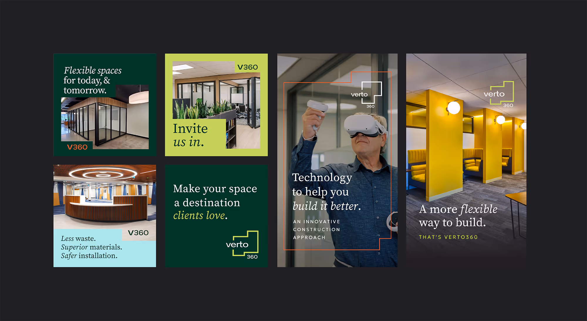 Collage of office interiors and promotional text highlighting flexible spaces, technology in construction, and client-focused workplace design for Verto360.