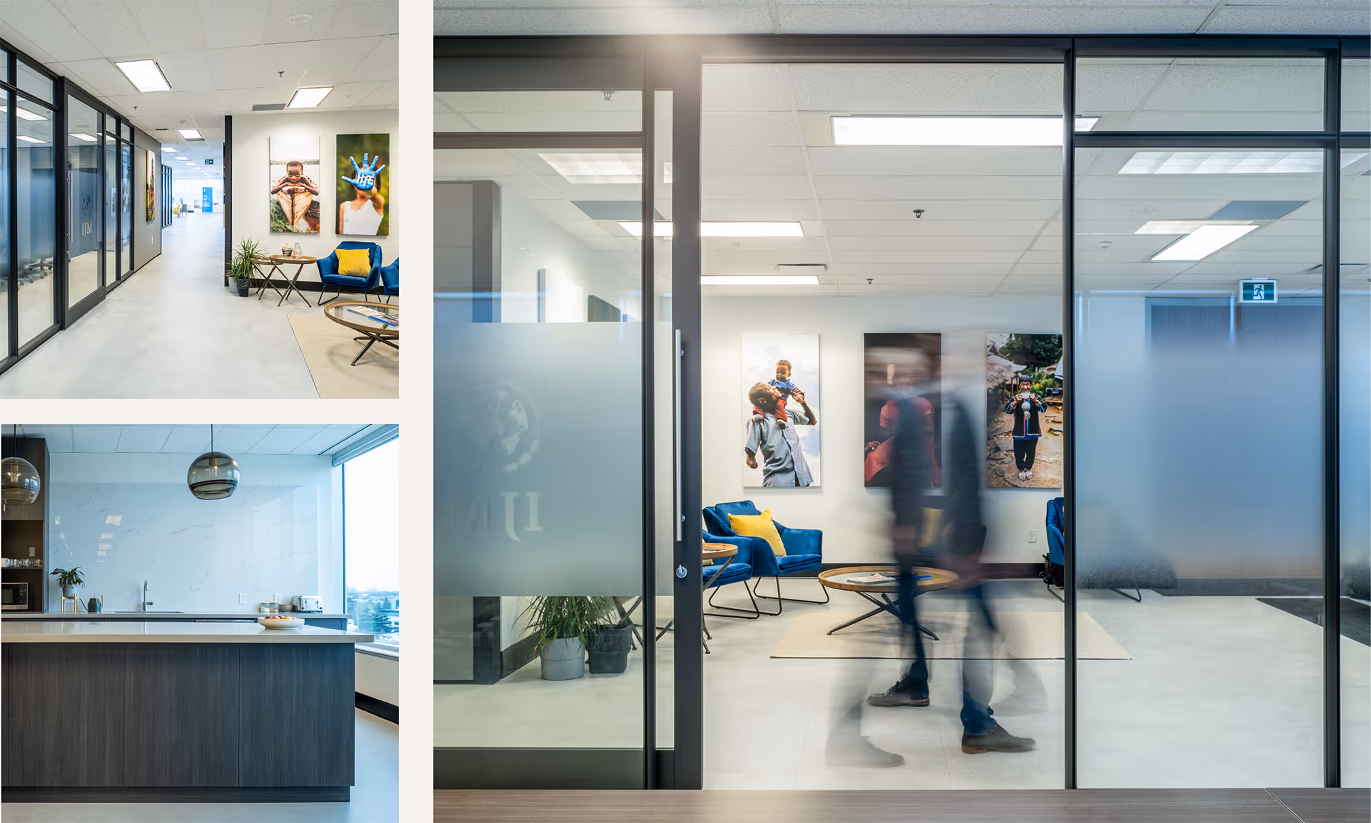 Collage of modern office interior with glass walls, artwork featuring children, blue chairs with yellow cushions, and blurred figures walking by.