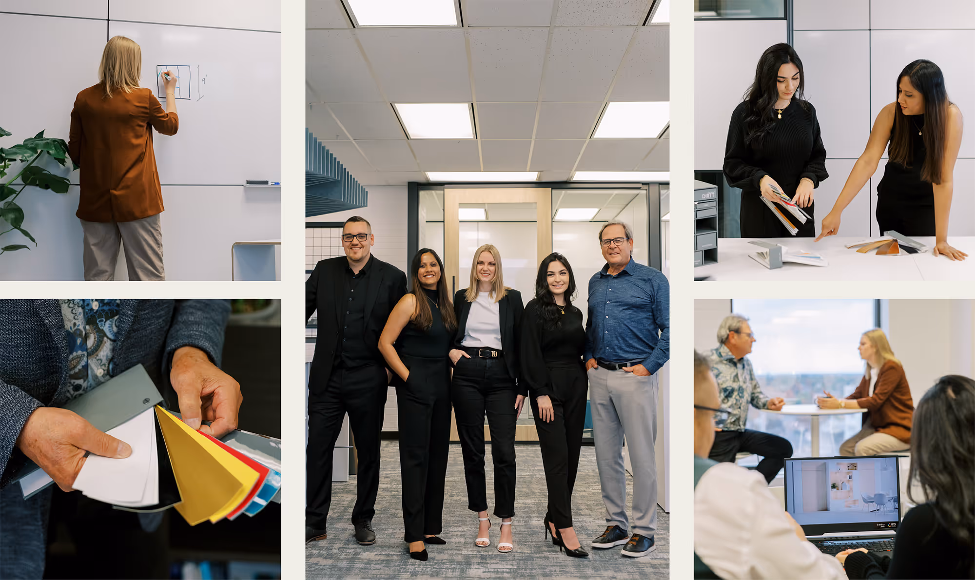 Collage of five images showing the Verto360 office team standing together, a woman drawing on a whiteboard, two women reviewing colour samples, a close-up of hands holding colour swatches, and colleagues discussing a project near a laptop.