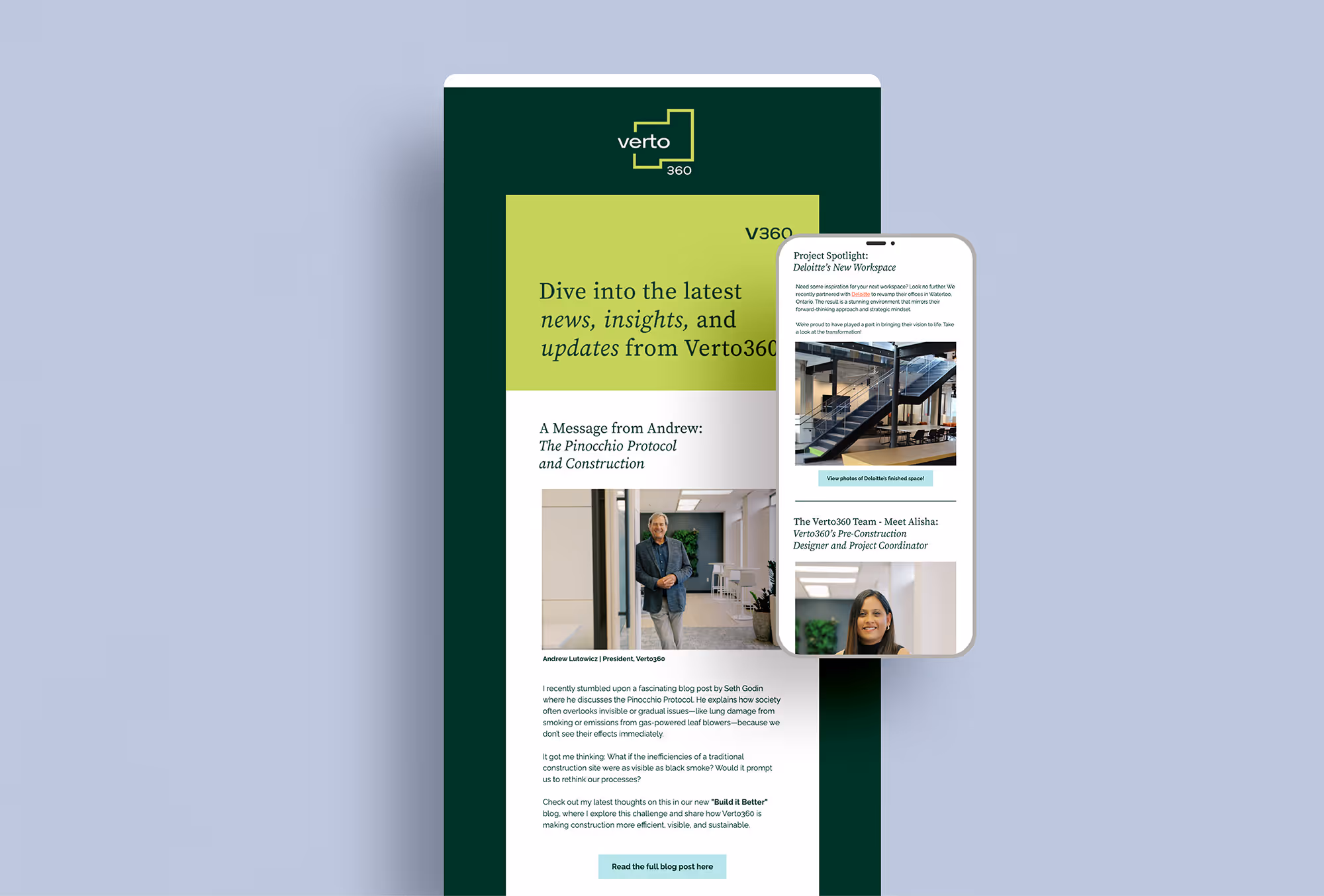 Newsletter from Verto360 featuring a message from Andrew about The Pinocchio Protocol and Construction, and a mobile view highlighting Deloitte’s new workspace project and team member Alisha.