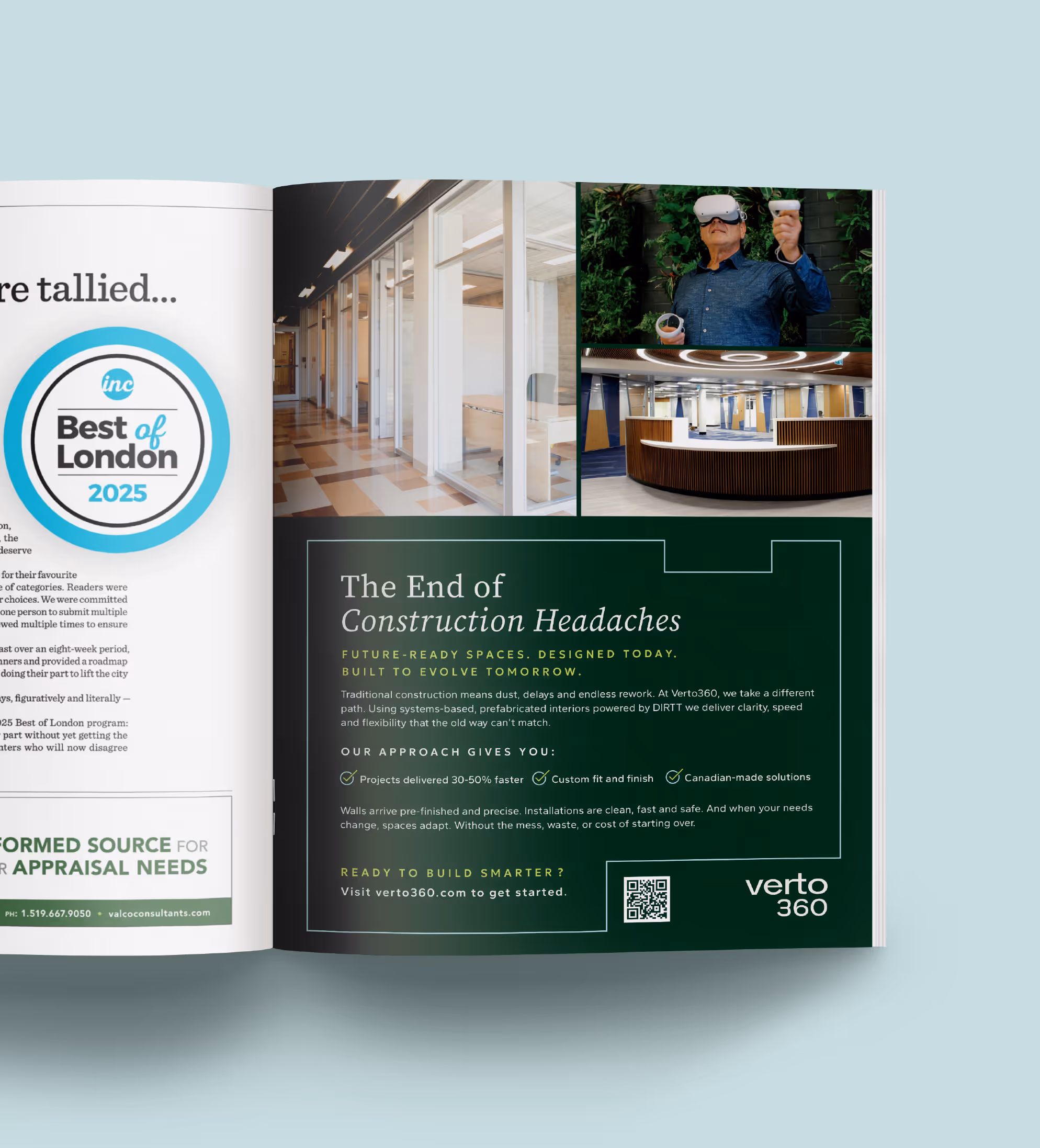 Magazine ad for Verto 360 featuring modern office spaces, a person using virtual reality, and text promoting future-ready construction solutions.