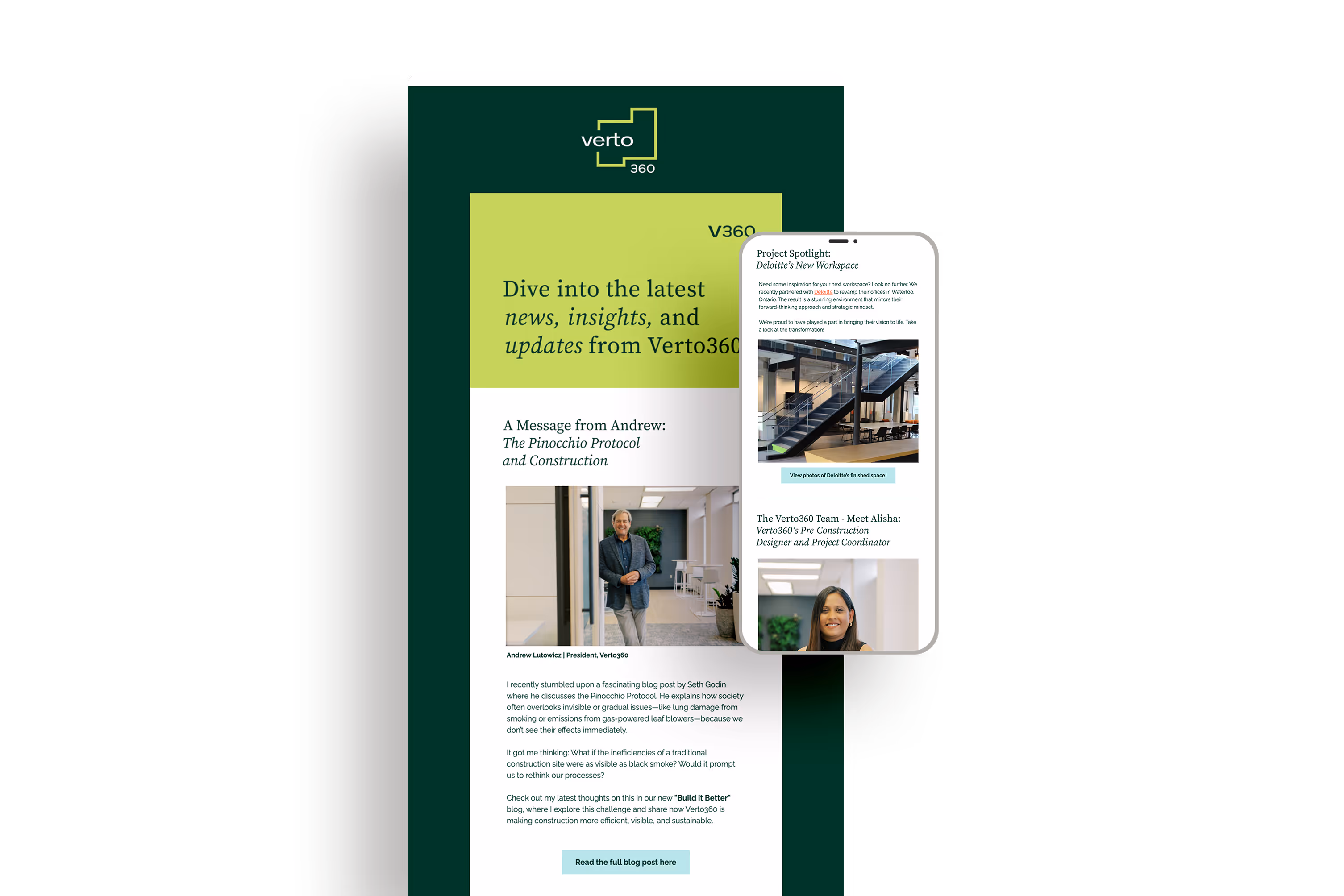 Digital newsletter from Verto360 featuring a message titled 'The Pinocchio Protocol and Construction' with a photo of Andrew Lutowicz, and a mobile view showing project spotlight and team introduction with photos of an office space and a team member.
