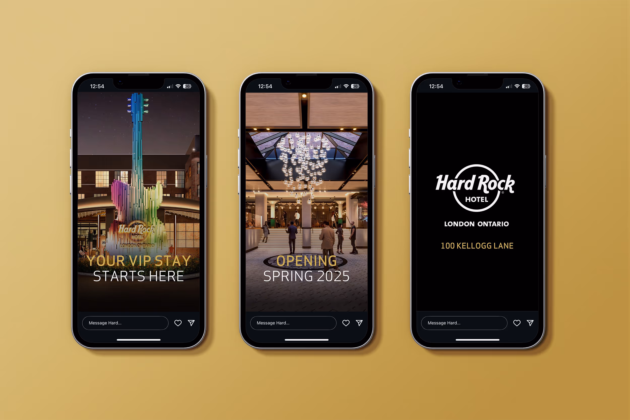Three smartphones displaying Hard Rock Hotel London Ontario Instagram posts: colorful guitar sculpture with 'Your VIP Stay Starts Here', hotel lobby with chandelier and 'Opening Spring 2025', and hotel logo with address '100 Kellogg Lane'.